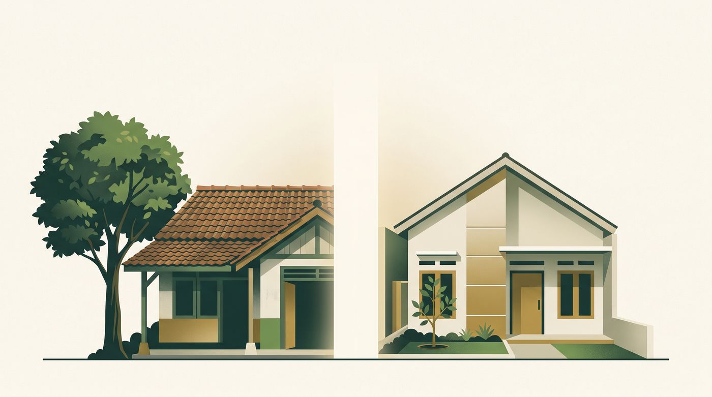 Rumah lama dan rumah baru berdiri berdampingan di atas garis tanah yang sama