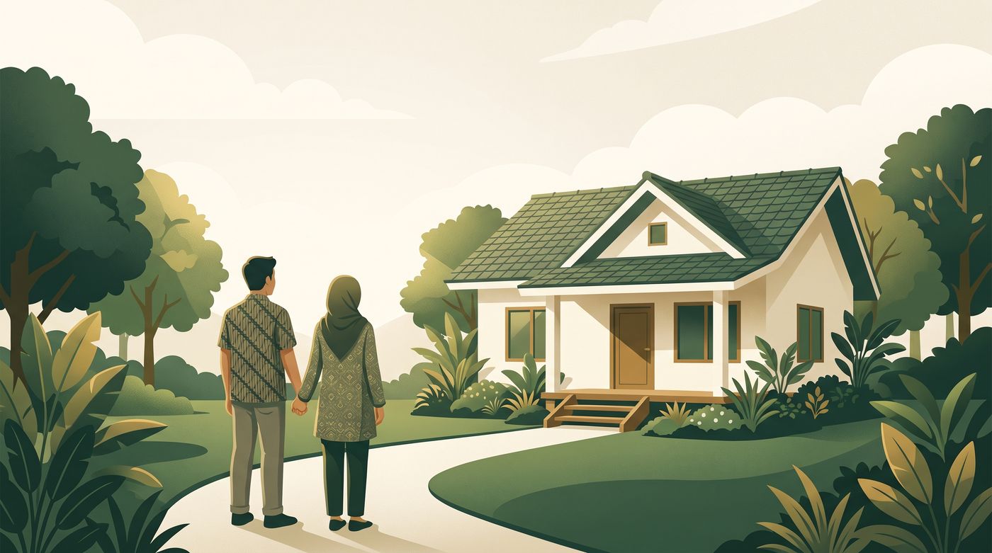 Pasangan muda berdiri memandang rumah pertama mereka