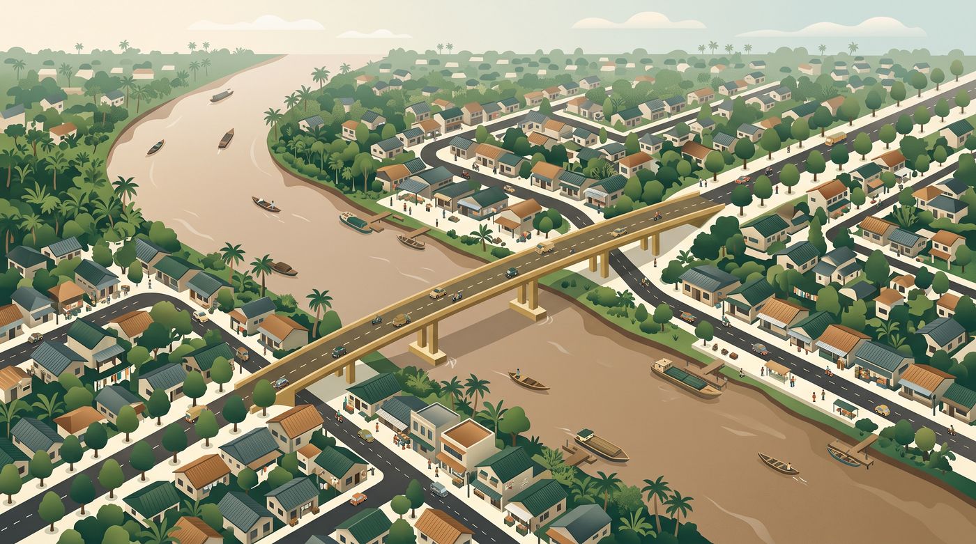 Pandangan udara kawasan permukiman tepi sungai dengan jembatan penghubung