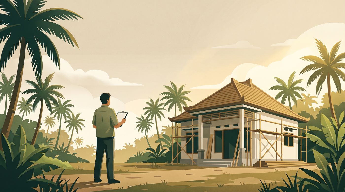 Seseorang membawa papan jalan memeriksa rumah yang masih dalam pembangunan