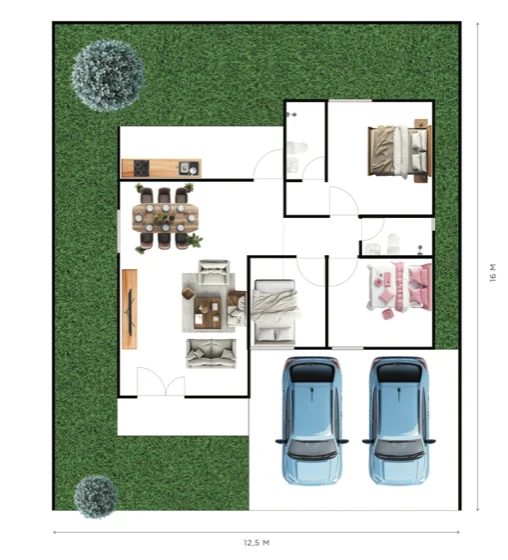 Denah rumah Type 70 MPR Botanical di atas tanah 12,5 × 16 m